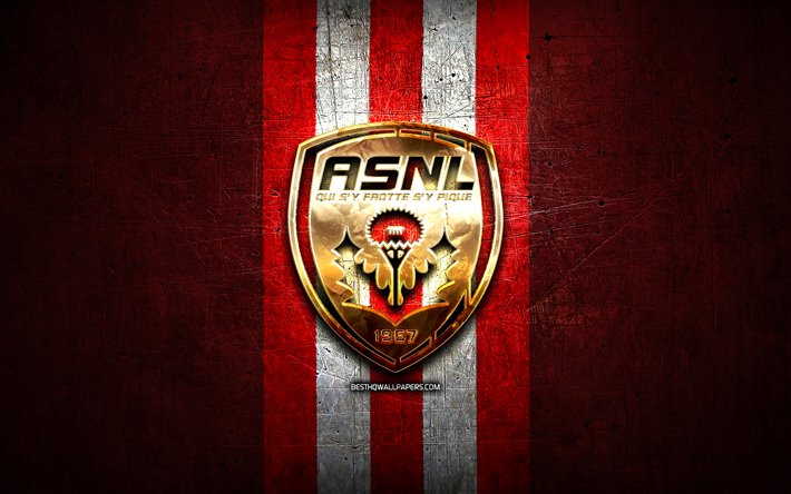 Nancy FC, ouro logotipo, Liga 2, vermelho de metal de fundo, futebol, COMO Nancy, clube de futebol franc&#234;s, Nancy logotipo, Fran&#231;a, ASNL