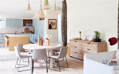 Moderna Brit&#225;nica de interior, l&#225;mparas de mimbre, comedor, cocina, un dise&#241;o interior moderno