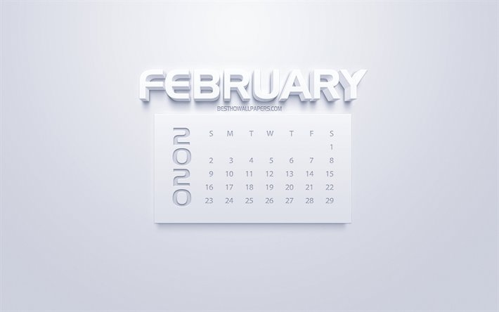 2020 February Calendar, 3d white art, white background, 2020 calendars, February 2020 calendar, winter 2020 calendars, February