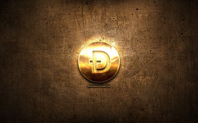 Dogecoin golden logo, cryptocurrency, brown metal background, creative, Dogecoin logo, cryptocurrency signs, Dogecoin