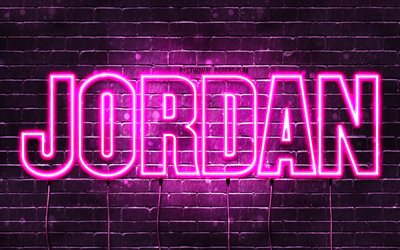 Jordan, 4k, taustakuvia nimet, naisten nimi&#228;, Jordan nimi, violetti neon valot, vaakasuuntainen teksti, kuva Jordan nimi