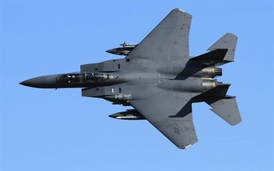 McDonnell Douglas F-15 Eagle, caza norteamericano F-15 DE la Fuerza A&#233;rea de EEUU, de combate en el cielo, azul cielo