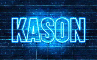 Kason, 4k, taustakuvia nimet, vaakasuuntainen teksti, Kason nimi, blue neon valot, kuva Kason nimi