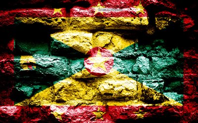 Grenada flag, grunge brick texture, Flag of Grenada, flag on brick wall, Grenada, Europe, flags of North America countries