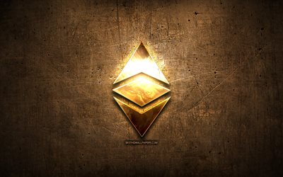 Ethereum golden logo, cryptocurrency, brown metal background, creative, Ethereum logo, cryptocurrency signs, Ethereum