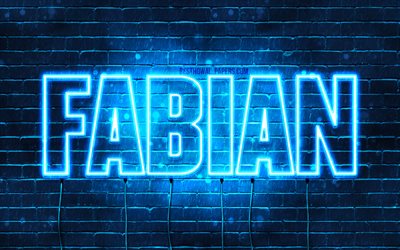 Fabian, 4k, taustakuvia nimet, vaakasuuntainen teksti, Fabian nimi, blue neon valot, kuva Fabian nimi