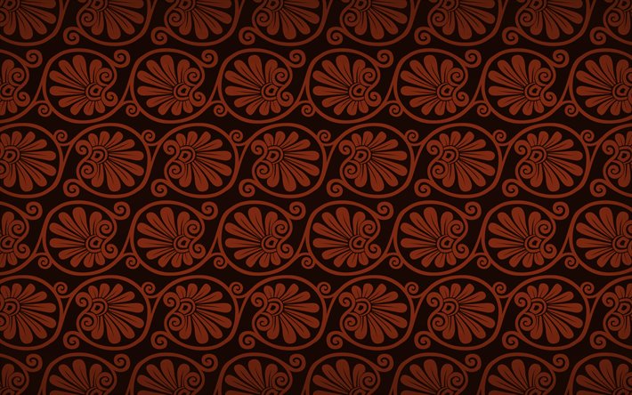brown floral pattern, 4k, floral greek ornaments, background with floral ornaments, floral textures, floral patterns, brown floral background, greek ornaments