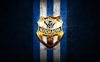 Apollon Smyrni FC, ouro logotipo, Super Liga Da Gr&#233;cia, metal azul de fundo, futebol, Apollon Smyrni, grego futebol clube, Apollon Smyrni logotipo, Gr&#233;cia