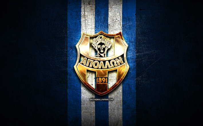 Apollon Smyrni FC, golden logo, Super League Greece, blue metal background, football, Apollon Smyrni, greek football club, Apollon Smyrni logo, soccer, Greece