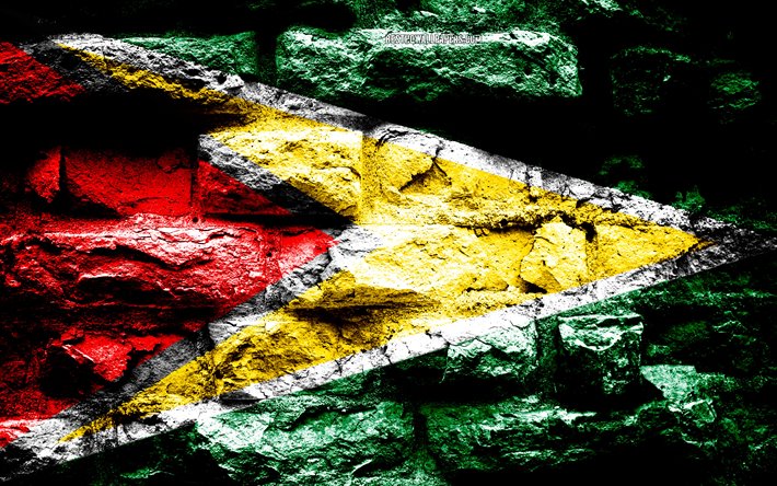 Guiana bandeira, grunge textura de tijolos, Bandeira da Guiana, bandeira na parede de tijolos, Guiana, Europa, bandeiras de pa&#237;ses da Am&#233;rica do Norte