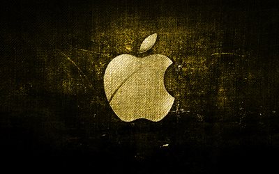 Apple keltainen logo, keltainen kangas tausta, Apple, luova, Apple denim logo, grunge art, Apple-logo