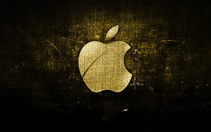 Apple logosu Sarı, Sarı kumaş arka plan, Apple, creative, Apple kot logo, grunge sanat, Apple logosu