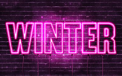 Winter, 4k, wallpapers with names, female names, Winter name, purple neon lights, horizontal text, picture with Winter name
