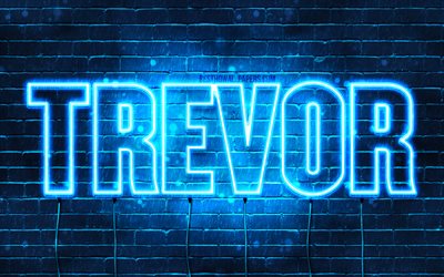 Trevor, 4k, taustakuvia nimet, vaakasuuntainen teksti, Trevor nimi, blue neon valot, kuva Trevor nimi