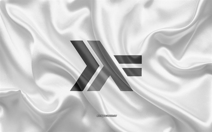 Haskell logo, bianco seta, texture, Haskell emblema, linguaggio di programmazione Haskell, seta, sfondo