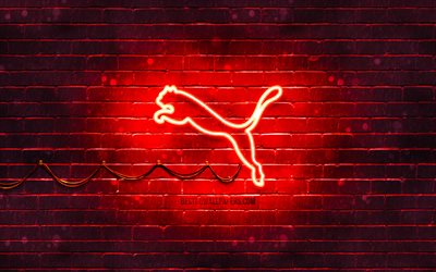 Puma red logo, 4k, red brickwall, Puma logo, brands, Puma neon logo, Puma