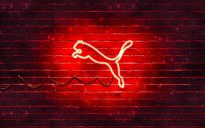 Puma punainen logo, 4k, punainen brickwall, Puma-logo, merkkej&#228;, Puma neon-logo, Puma