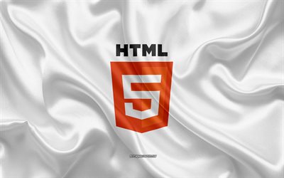 HTML5 logo, bianco seta, texture, HTML5 emblema, linguaggio di programmazione, HTML, seta, sfondo