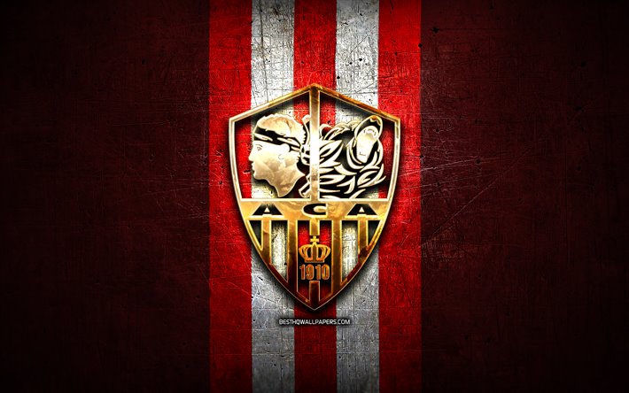 Ajaccio FC, ouro logotipo, Liga 2, vermelho de metal de fundo, futebol, AC Ajaccio, clube de futebol franc&#234;s, Ajaccio logotipo, Fran&#231;a