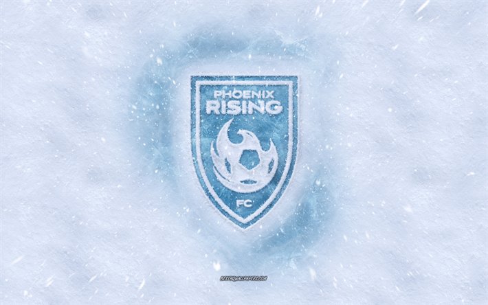 Phoenix Rising FC logotyp, Amerikansk fotboll club, vintern begrepp, USL, Phoenix Rising FC ice logotyp, sn&#246; konsistens, Phoenix, Arizona, USA, sn&#246; bakgrund, Phoenix Rising FC, fotboll