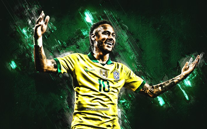 Neymar Jr, Brasil equipo de f&#250;tbol nacional, retrato, piedra verde de fondo, Brasile&#241;o, jugador de f&#250;tbol, Brasil, Neymar