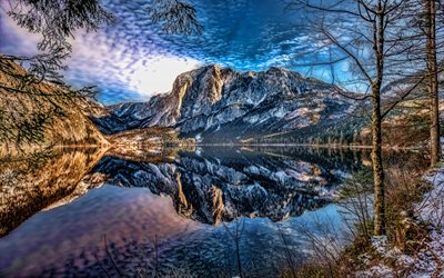 湖Altaussee, 4k, HDR, 冬, 美しい自然, Altaussee, Styria, オーストリア, 欧州, Altaussee湖