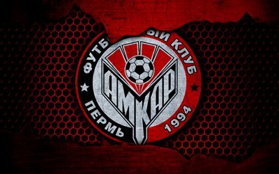 Amkar, 4k, logo, Russian Premier League, soccer, football club, Russia, grunge, metal texture, Amkar FC