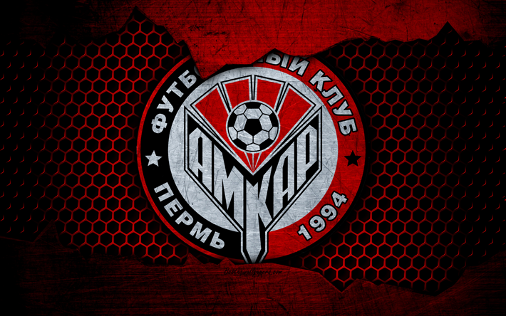 Amkar, 4k, logo, Russian Premier League, futebol, clube de futebol, R&#250;ssia, grunge, textura de metal, FC Amkar