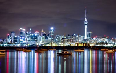 Auckland, 4k, akşam, gece, Yeni Zelanda, g&#246;kdelenler, şehir ışıkları, G&#246;ky&#252;z&#252; Kulesi