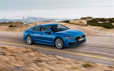 Audi A7 Sportback, 2018, 4k, azul nuevo A7, coches nuevos, coches alemanes, el Audi