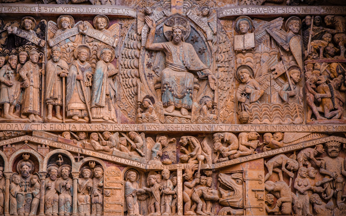 sculptures on the wall, plot, architectural wonders, monuments of architecture, Aveyron, Conques, France