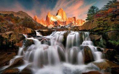 coucher de soleil, chute d'eau, les montagnes, la cordillère des Andes, rocks, paysage de montagne, Patagonie, Argentine
