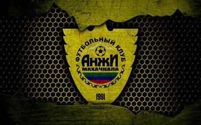 Anzhi Makhachkala, 4k, logo, Russian Premier League, soccer, football club, Russia, Anzhi, grunge, metal texture, Anzhi Makhachkala FC