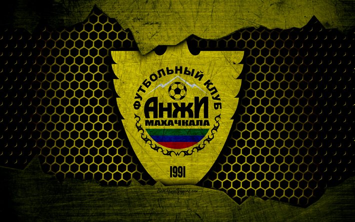 Anzhi Makhatjkala, 4k, logotyp, Ryska Premier League, fotboll, football club, Ryssland, Anzhi, grunge, metall textur, Anzhi FC Andrea