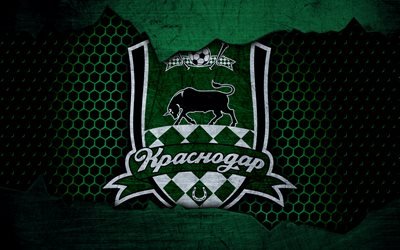 FC Krasnodar, 4k, logo, Russian Premier League, soccer, football club, Russia, grunge, metal texture, Krasnodar FC