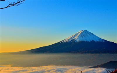 Fujiyama, 4k, p&#244;r do sol, japon&#234;s marcos, O Monte Fuji, &#193;sia, vulc&#227;o, Jap&#227;o
