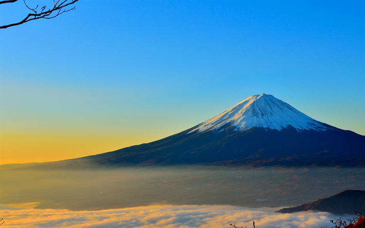 Fujiyama, 4k, sunset, japansk landm&#228;rken, Mount Fuji, Asien, stratovulkan, Japan