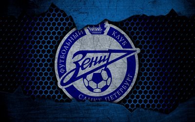 Zenit Saint Petersburg, 4k, logo, Russian Premier League, soccer, football club, Russia, Zenit, grunge, metal texture, Zenit Saint Petersburg FC