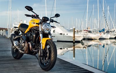 Ducati Monster 821, 2018, new motorcycles, yellow new Monster, sportbike, Italian motorcycles, bay, yachts, Ducati