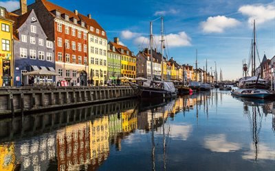 Kopenhag, 4k, Danimarka, renkli evler, dolgu, eski gemi