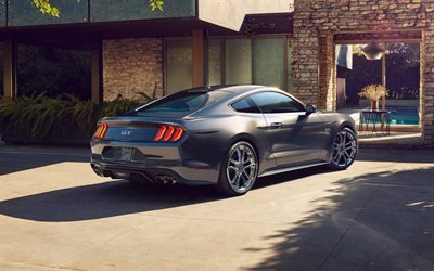 Ford Mustang, 2018, Rear View, gray Mustang GT, 4k, american sports cars, Ford
