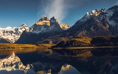 Cinza Lago, 4k, Torres del Paine, montanhas, Patagonia, Chile