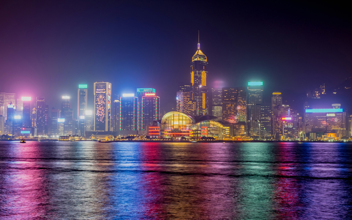 Hong Kong, skyskrapor, city night lights, moderna byggnader, metropol, Kina