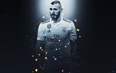 Karim Benzema, 4k, yaratıcı sanat, Real Madrid, Fransız futbolcu, ışık efektleri, gri arka plan, portre, UEFA Şampiyonlar Ligi, İspanya, futbolcular