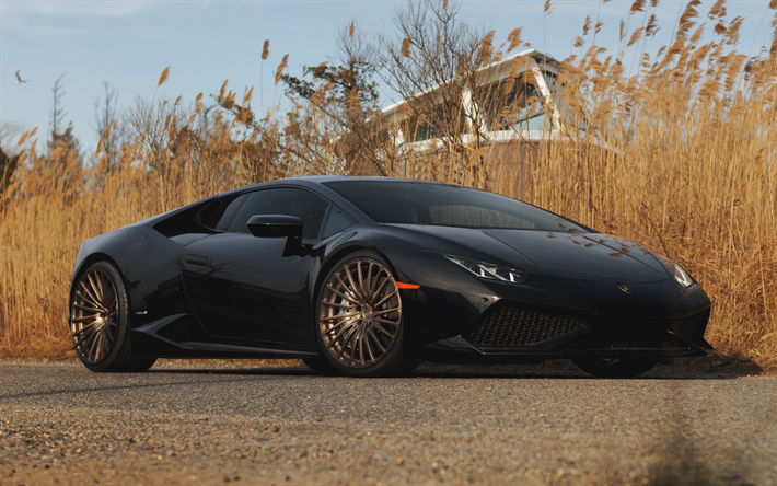 Lamborghini Huracan, 2018, black supercar, front view, bronze wheels, tuning, new black Huracan, Italian sports cars, Lamborghini