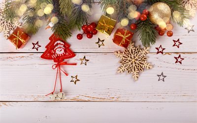 Christmas garland, white wooden background, decoration, bokeh, blur, New Year