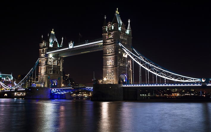 Tower Bridge, nightscapes, Thames River, english landmarks, London, England, UK