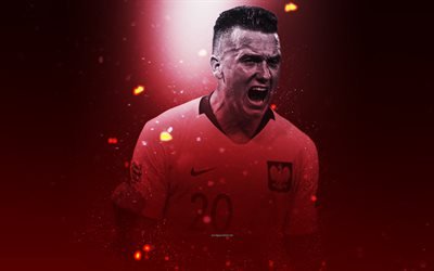 Piotr Zielinski, 4k, creative art, Poland national football team, Polish footballer, lighting effects, red background, portrait, Poland, football players