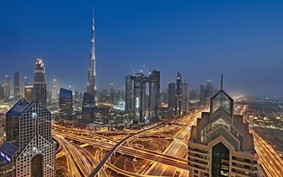 برج خليفة, مساء المدينة, دبي, المباني الحديثة, الإمارات العربية المتحدة, مناظر المدينة