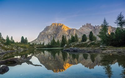 mountain lake, Alps, morning, sunrise, forest, beautiful mountain landscape, Italy
